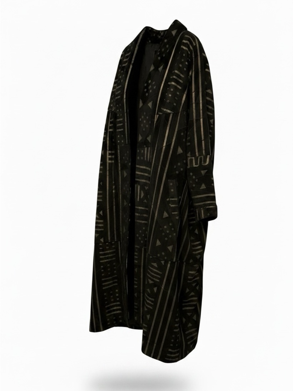 Vintage XLNC Mudcloth Print Leather Duster Coat Black Kimono Jacket XL - Picture 5 of 10